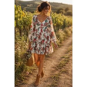 NWT Baltic Born Shelley Short Dress Women M Ivory Floral Tiered Boho Mini